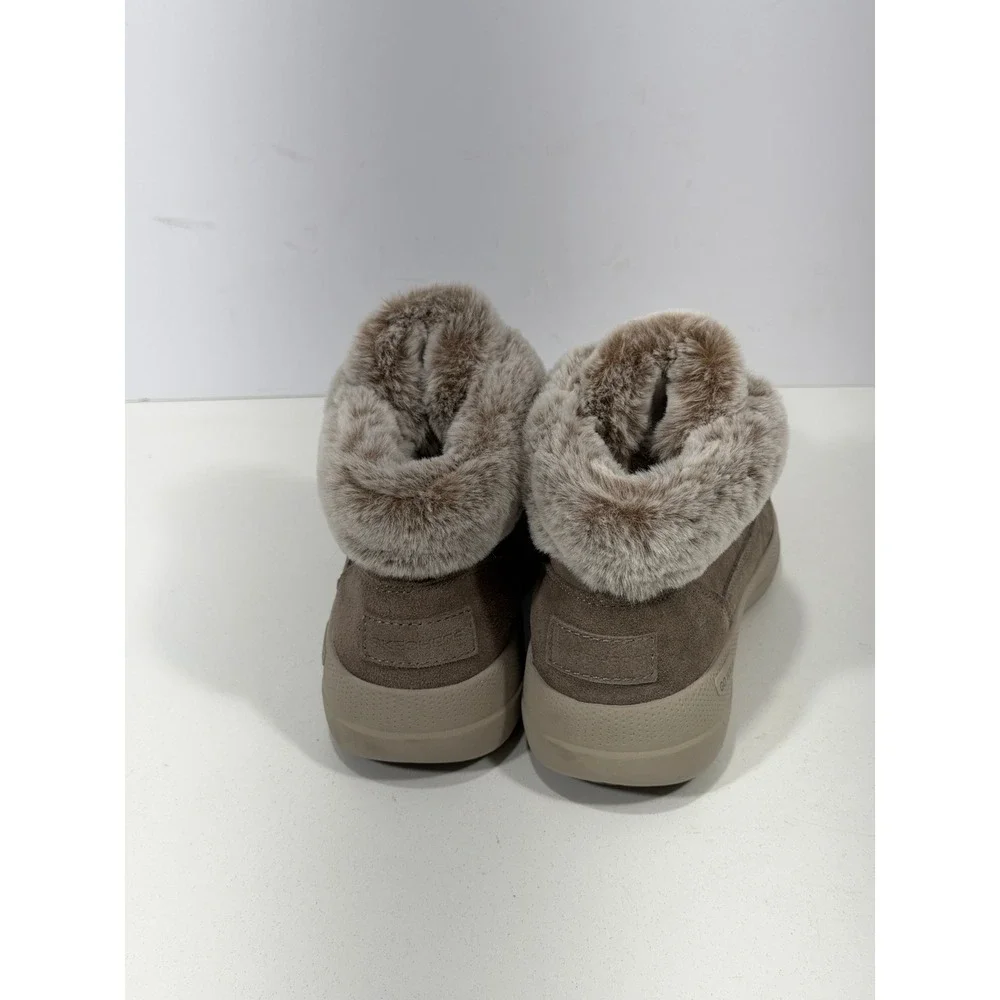 Skechers Go Walk Joy Brown Faux Fur Trim Front Zip Winter Ankle Boots Women sz 7